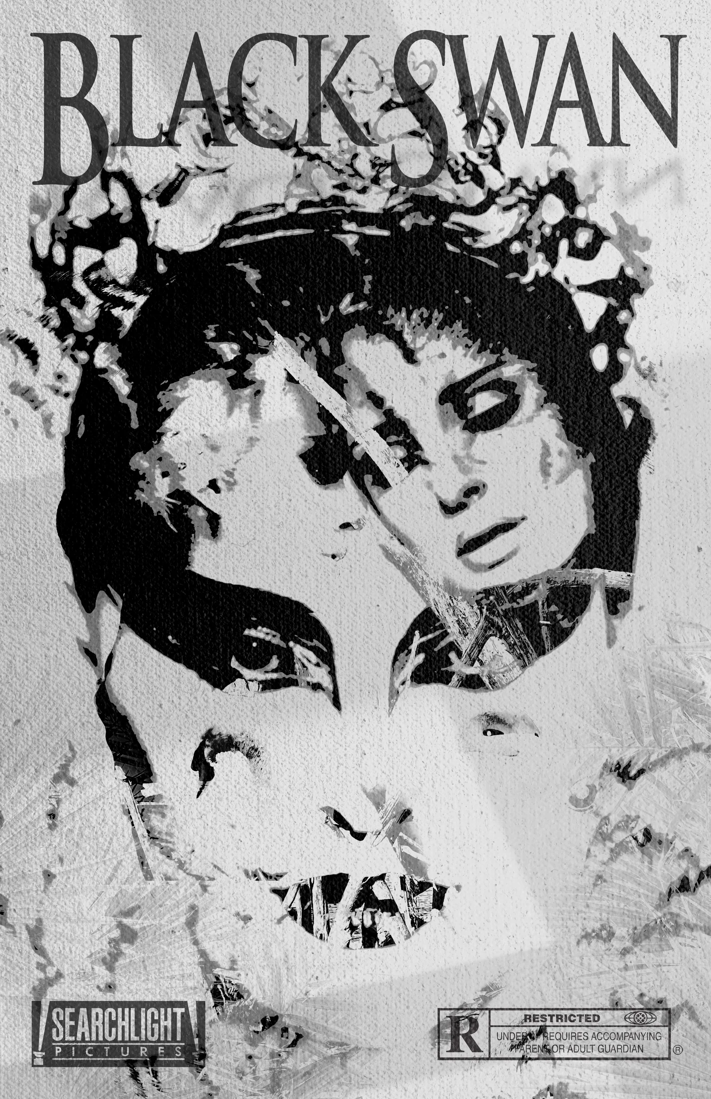 Black-and-white Black Swan fan poster with layered faces, torn-paper textures, and large serif title lettering
