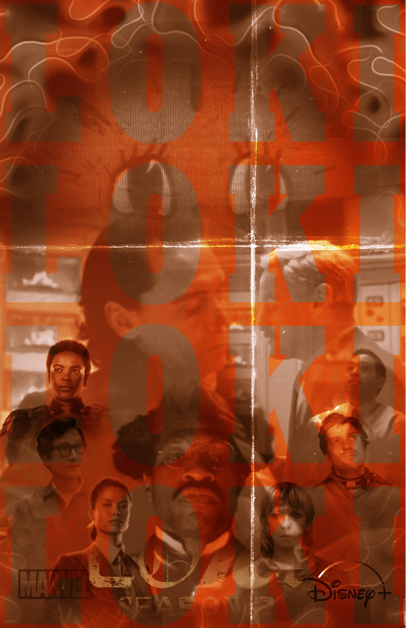 Orange-red Loki fan poster with layered character imagery, oversized stacked LOKI lettering, and distressed fold textures