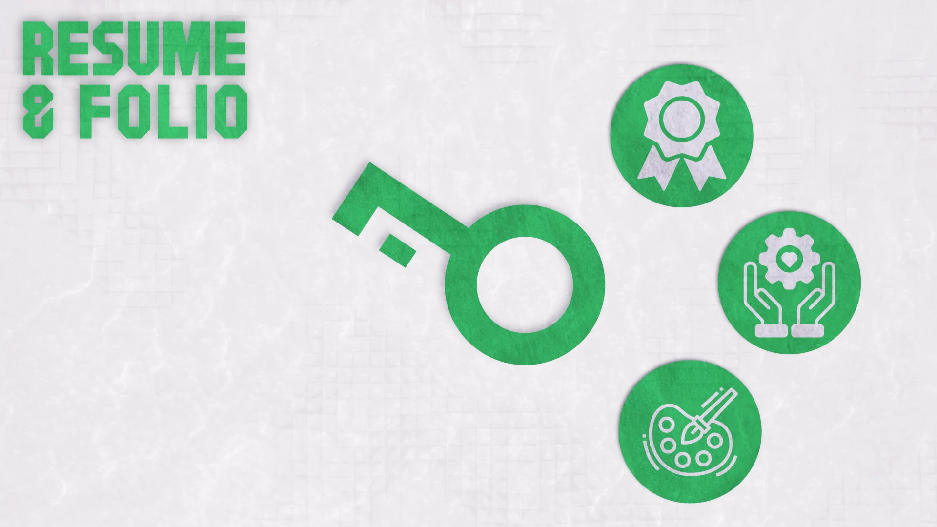 A green key and icons for awards, ideas, and art